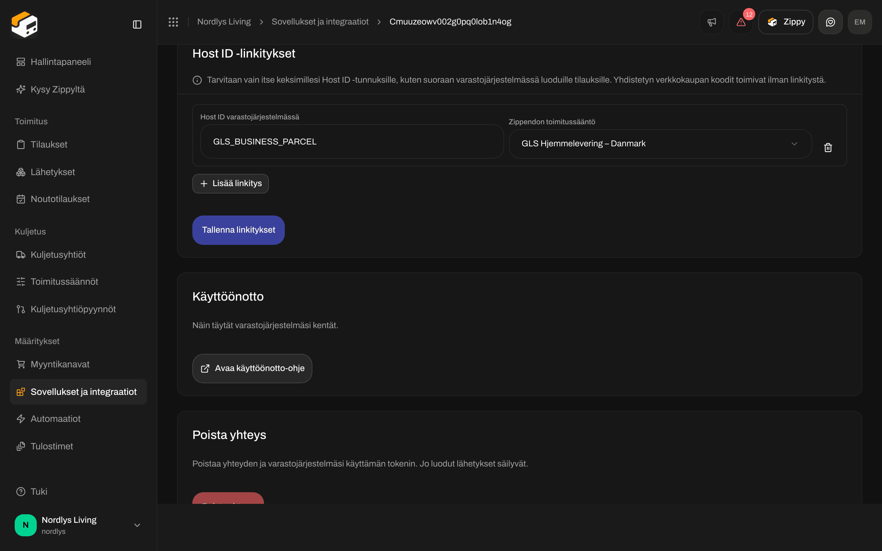 Host ID -linkitykset-osio, jossa rivi linkittää GLS_BUSINESS_PARCEL:n GLS-kotiinkuljetuksen toimitussääntöön