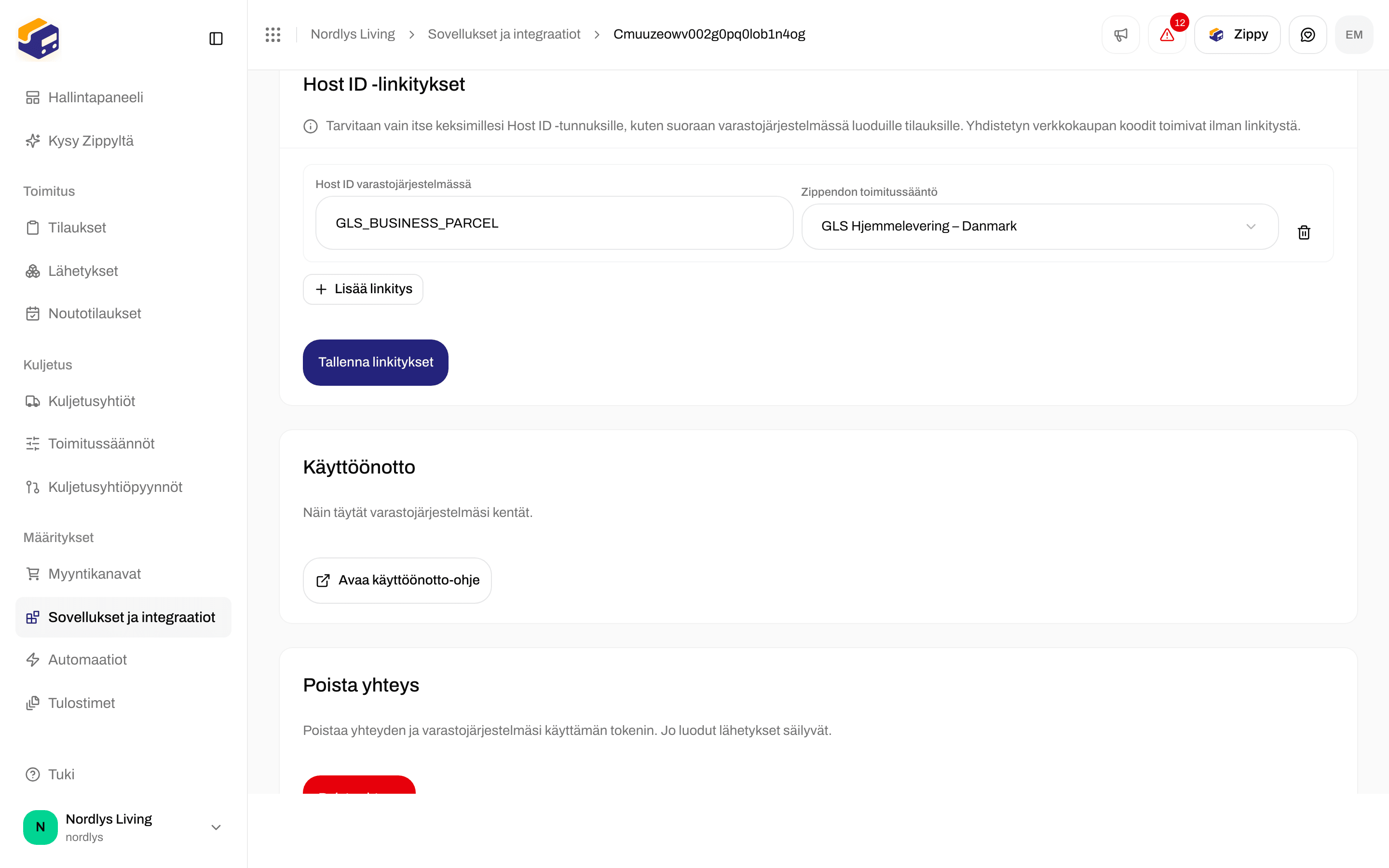 Host ID -linkitykset-osio, jossa rivi linkittää GLS_BUSINESS_PARCEL:n GLS-kotiinkuljetuksen toimitussääntöön