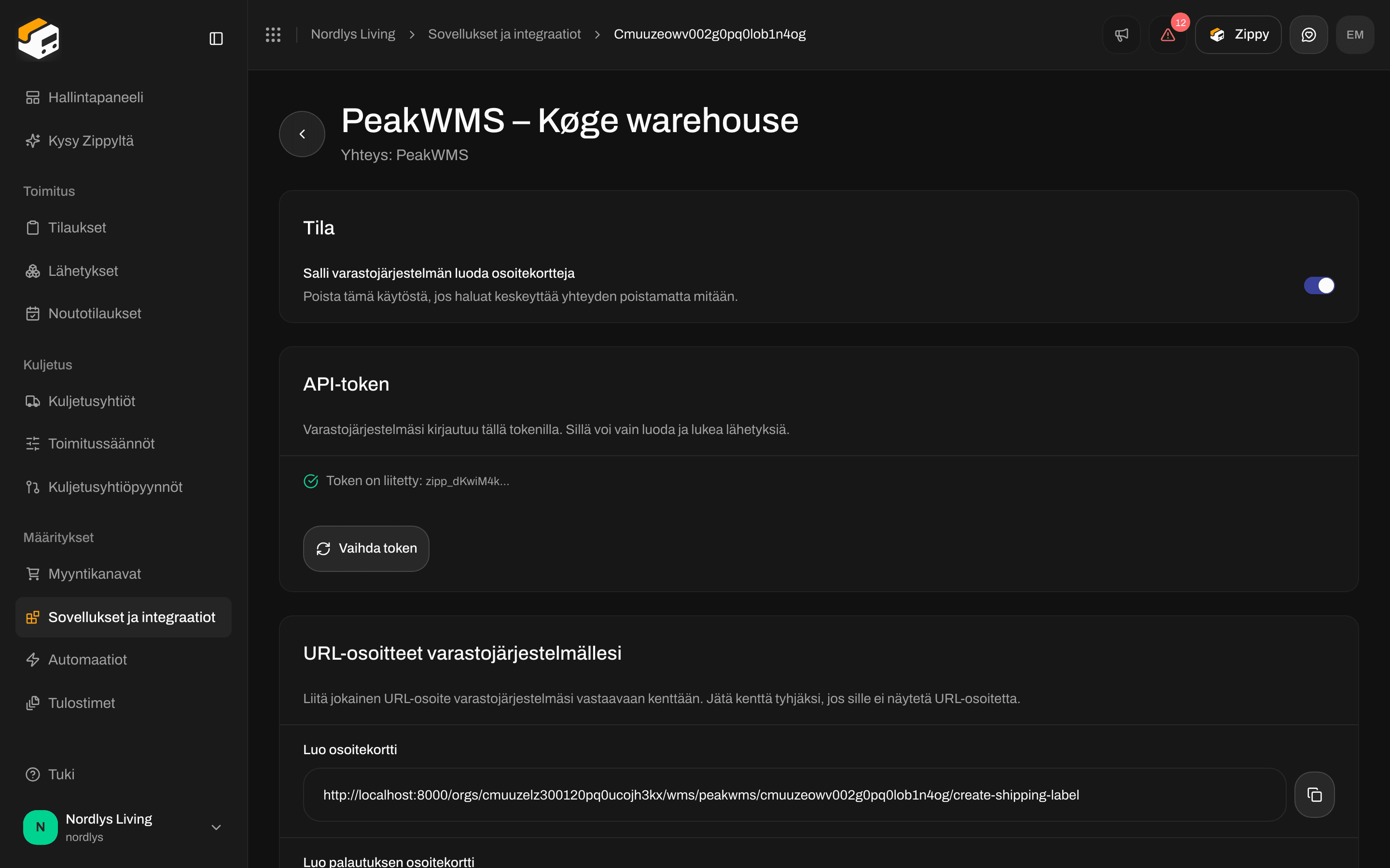Yhteyden sivu, jossa Tila-osio ja Salli varastojärjestelmän luoda osoitekortteja -kytkin päällä