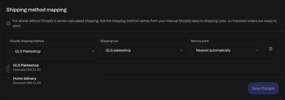 Shipping method mapping card with a new row. The Shopify shipping method list is open and shows GLS Pakkeshop and Home delivery with their zones and prices