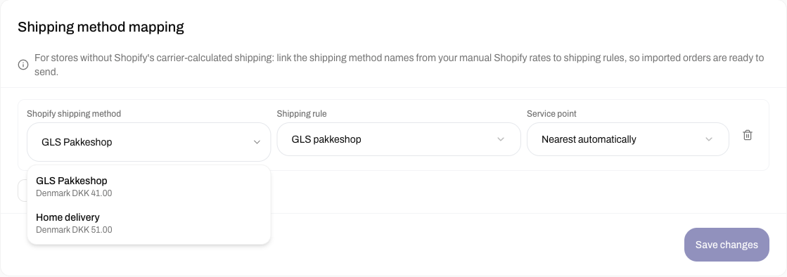 Shipping method mapping card with a new row. The Shopify shipping method list is open and shows GLS Pakkeshop and Home delivery with their zones and prices