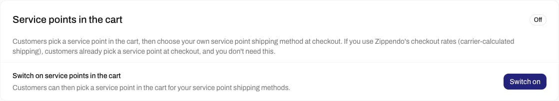 Service points in the cart card, Off, with Switch on service points in the cart and a Switch on button