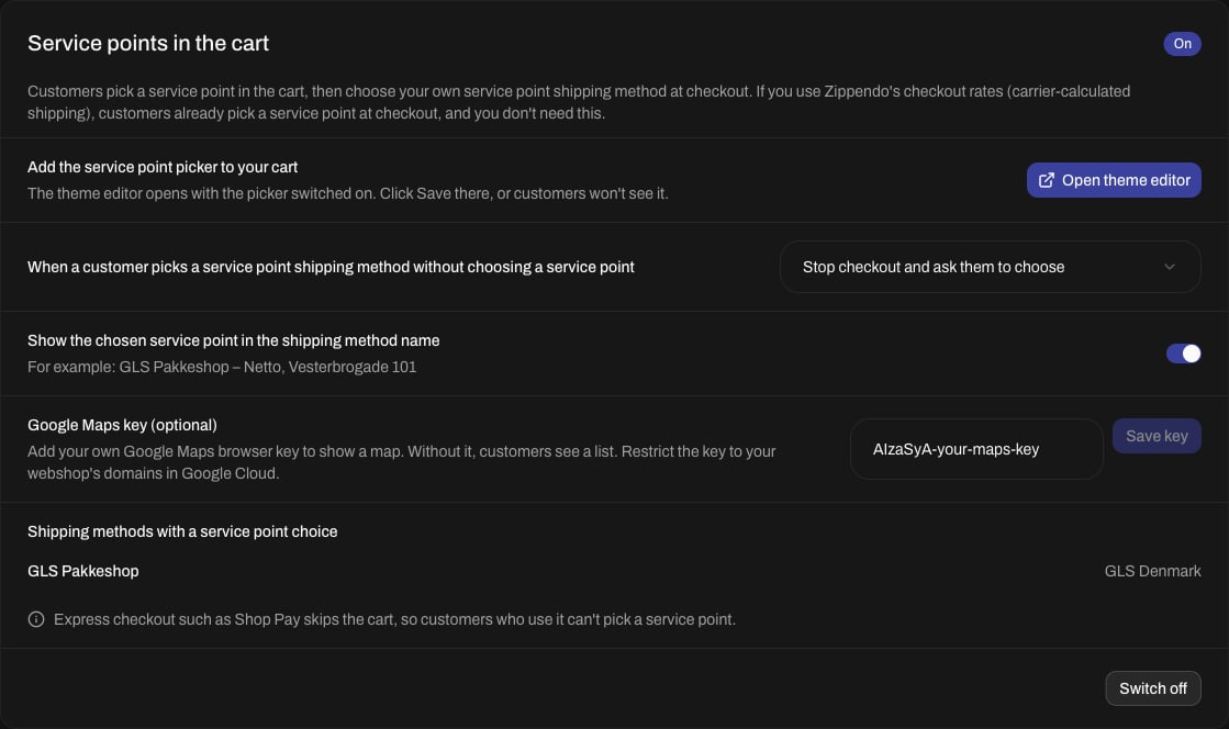 Service points in the cart card, On, with Add the service point picker to your cart and an Open theme editor button, the choice Stop checkout and ask them to choose, Show the chosen service point in the shipping method name switched on, GLS Pakkeshop listed as a shipping method with a service point choice, and a box for an optional Google Maps key
