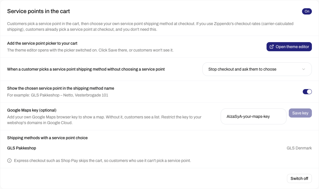 Service points in the cart card, On, with Add the service point picker to your cart and an Open theme editor button, the choice Stop checkout and ask them to choose, Show the chosen service point in the shipping method name switched on, GLS Pakkeshop listed as a shipping method with a service point choice, and a box for an optional Google Maps key