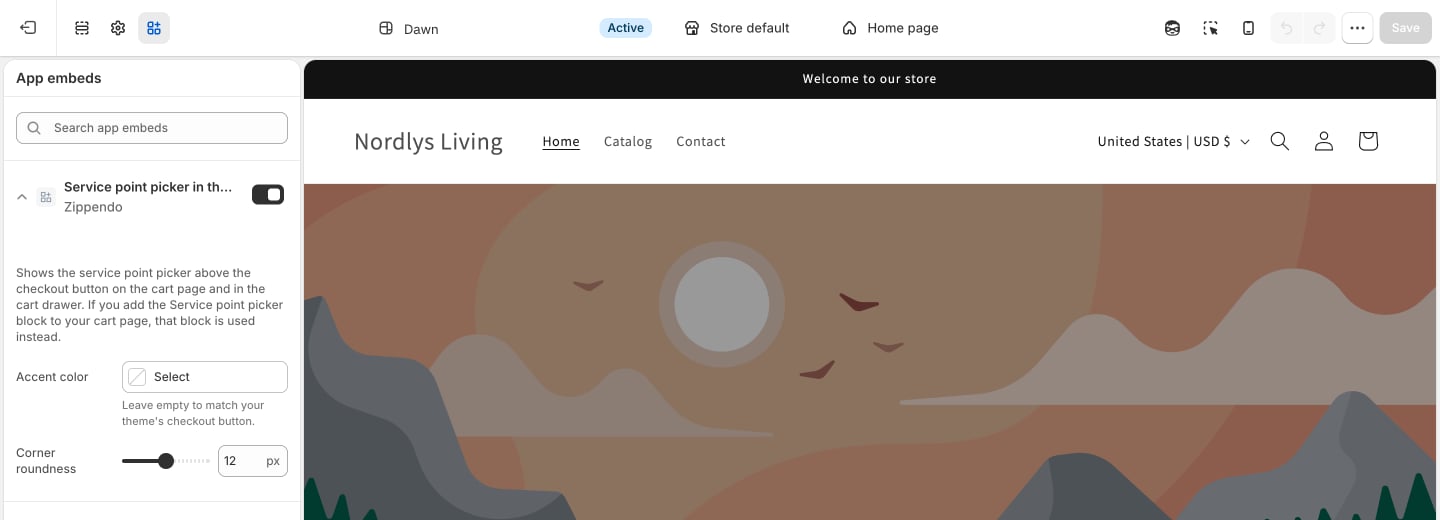 Shopify theme editor with App embeds open, Service point picker in the cart from Zippendo switched on, its Accent color and Corner roundness settings, and the Save button at the top right