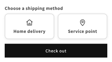 Cart with Choose a shipping method and two cards, Home delivery and Service point, above the Check out button