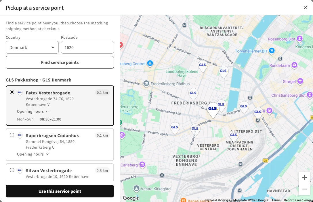 The Pickup at a service point window after a postcode search: GLS service points with their address, distance and opening hours, one of them selected, a map with GLS pins, and a Use this service point button