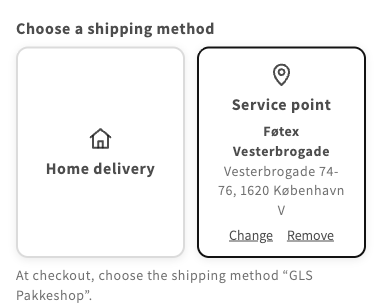 The Service point card selected, showing the chosen service point with Change and Remove links, and the text At checkout, choose the shipping method GLS Pakkeshop