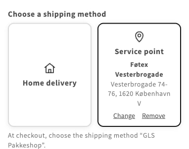 The Service point card selected, showing the chosen service point with Change and Remove links, and the text At checkout, choose the shipping method GLS Pakkeshop