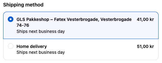 Shopify checkout Shipping method list with GLS Pakkeshop – Føtex Vesterbrogade, Vesterbrogade 74-76 selected at 41,00 kr and Home delivery at 51,00 kr