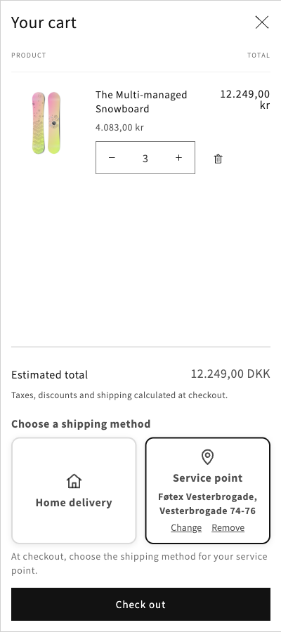 A cart drawer with the cart items, the estimated total, Choose a shipping method with Home delivery and Service point cards, and the Check out button