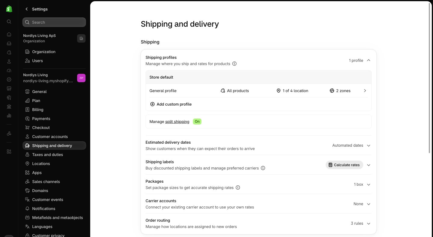Shopify admin settings with Shipping and delivery selected. The Shipping profiles card shows the General profile for all products