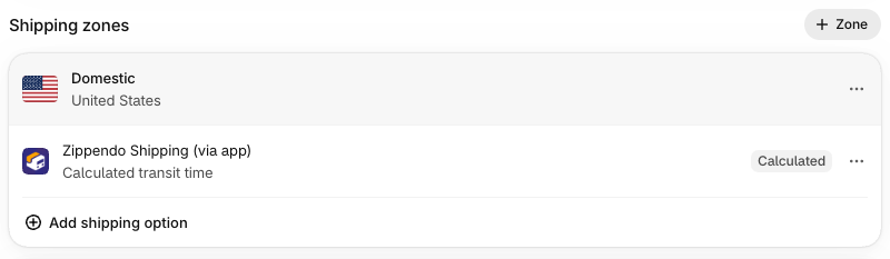 Shipping zones Shopify-hallinnassa. Vyöhykkeellä näkyy Zippendo Shipping (via app) ja Calculated transit time, ja sen alla on Add shipping option -painike
