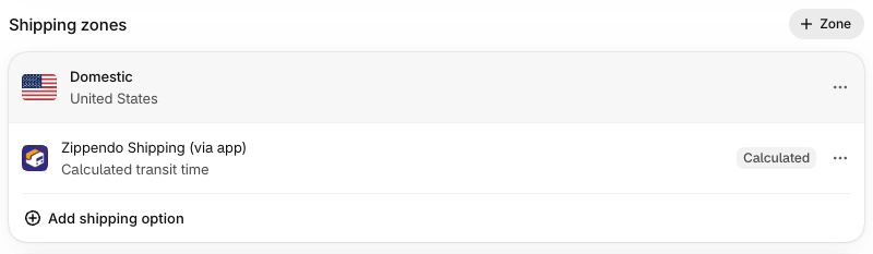 Shipping zones in Shopify. A zone lists Zippendo Shipping (via app) with Calculated transit time, and an Add shipping option button below it