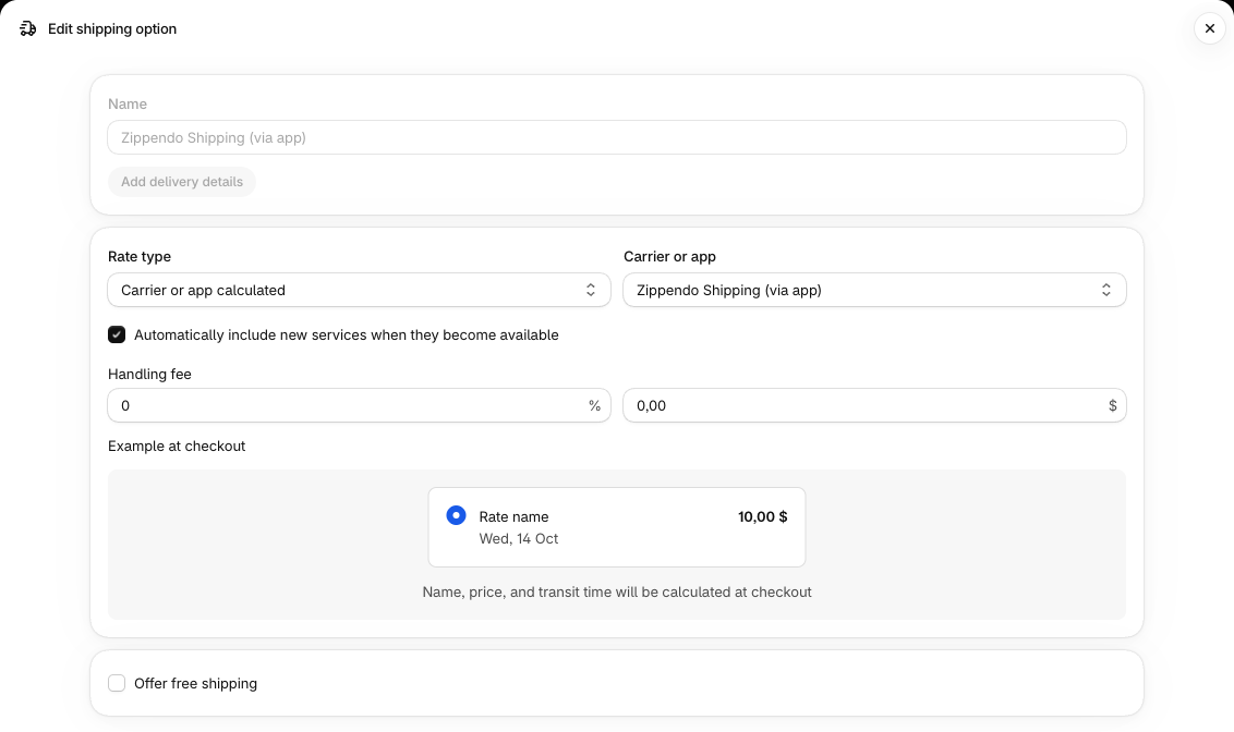 Shopify-hallinnan toimitusvaihtoehtoikkuna, jossa Rate type on Carrier or app calculated ja Carrier or app on Zippendo Shipping (via app)