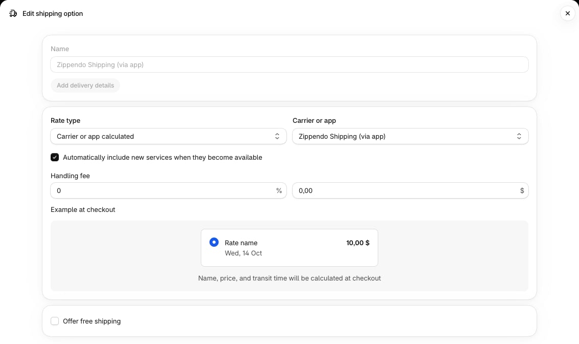 Shopify shipping option window with Rate type set to Carrier or app calculated and Carrier or app set to Zippendo Shipping (via app)