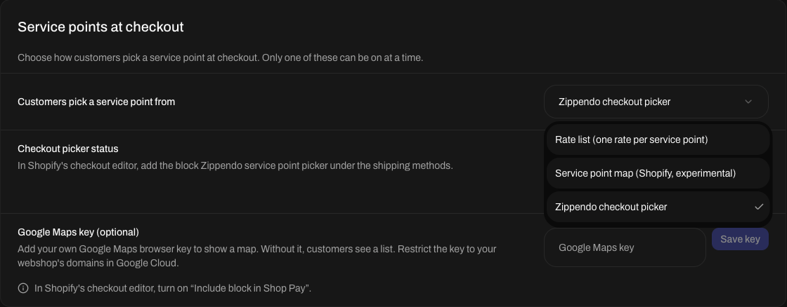 Kortet Pakkeshops i checkout med listen åben: Prisliste (én pris pr. pakkeshop), Pakkeshopkort (Shopify, eksperimentel) og Zippendo-pakkeshopvælger i checkout