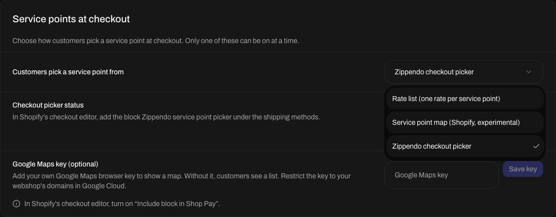 Service points at checkout card with the list open: Rate list (one rate per service point), Service point map (Shopify, experimental) and Zippendo checkout picker
