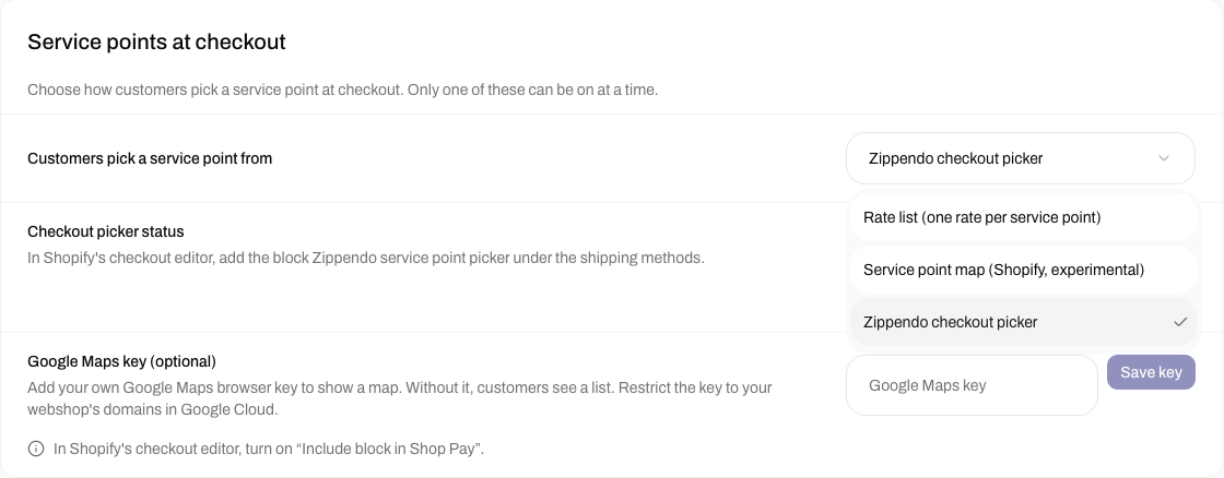 Kortet Pakkeshops i checkout med listen åben: Prisliste (én pris pr. pakkeshop), Pakkeshopkort (Shopify, eksperimentel) og Zippendo-pakkeshopvælger i checkout