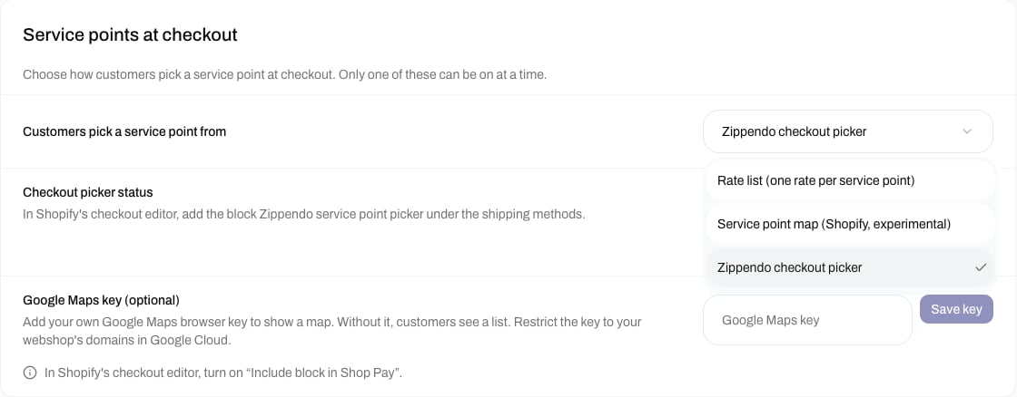 Service points at checkout card with the list open: Rate list (one rate per service point), Service point map (Shopify, experimental) and Zippendo checkout picker