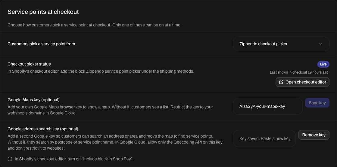 Service points at checkout card with Zippendo checkout picker chosen, the Checkout picker status, an Open checkout editor button, and boxes for an optional Google Maps key and an optional Google address search key