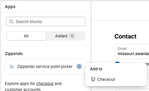 Panelet Apps i Shopifys checkout-editor med Zippendo service point picker og en lille menu: Add to, Checkout