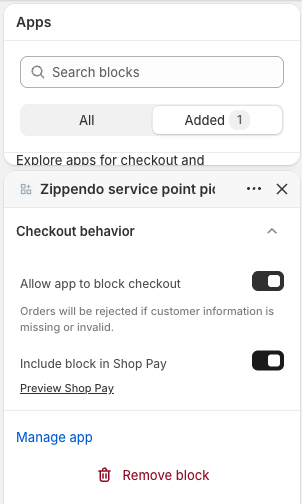 Indstillingerne for blokken Zippendo service point picker med Allow app to block checkout og Include block in Shop Pay begge slået til