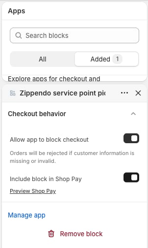 Settings of the Zippendo service point picker block, with Allow app to block checkout and Include block in Shop Pay both switched on