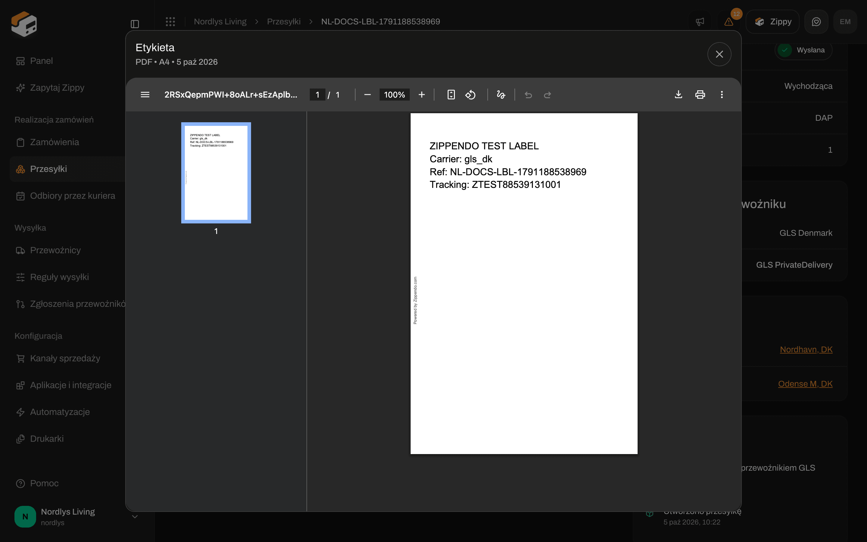 Okno dokumentu z tytułem Etykieta pokazujące etykietę w formacie PDF