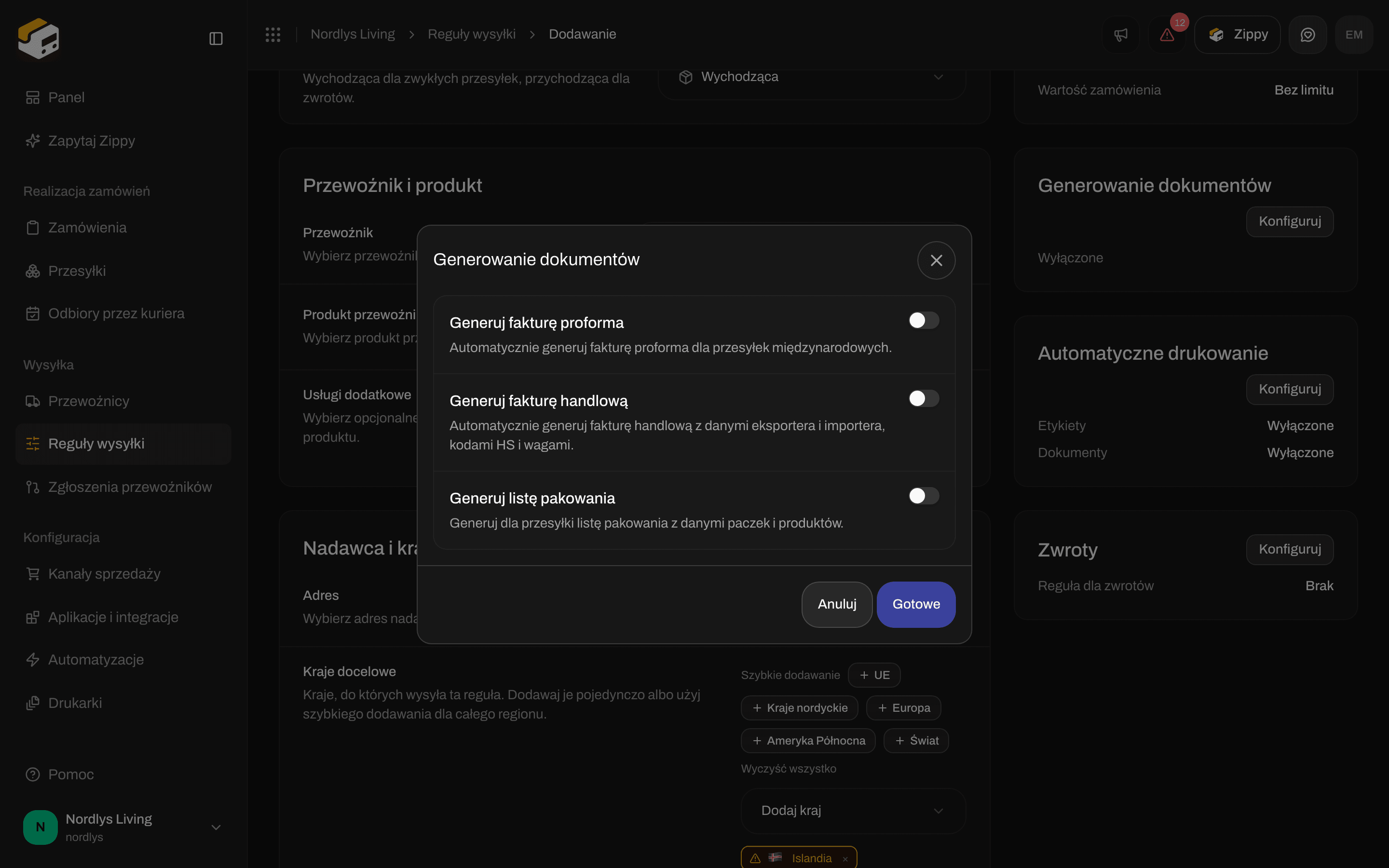 Formularz reguły wysyłki z przełącznikami Generowanie dokumentów dla faktur i listy pakowania