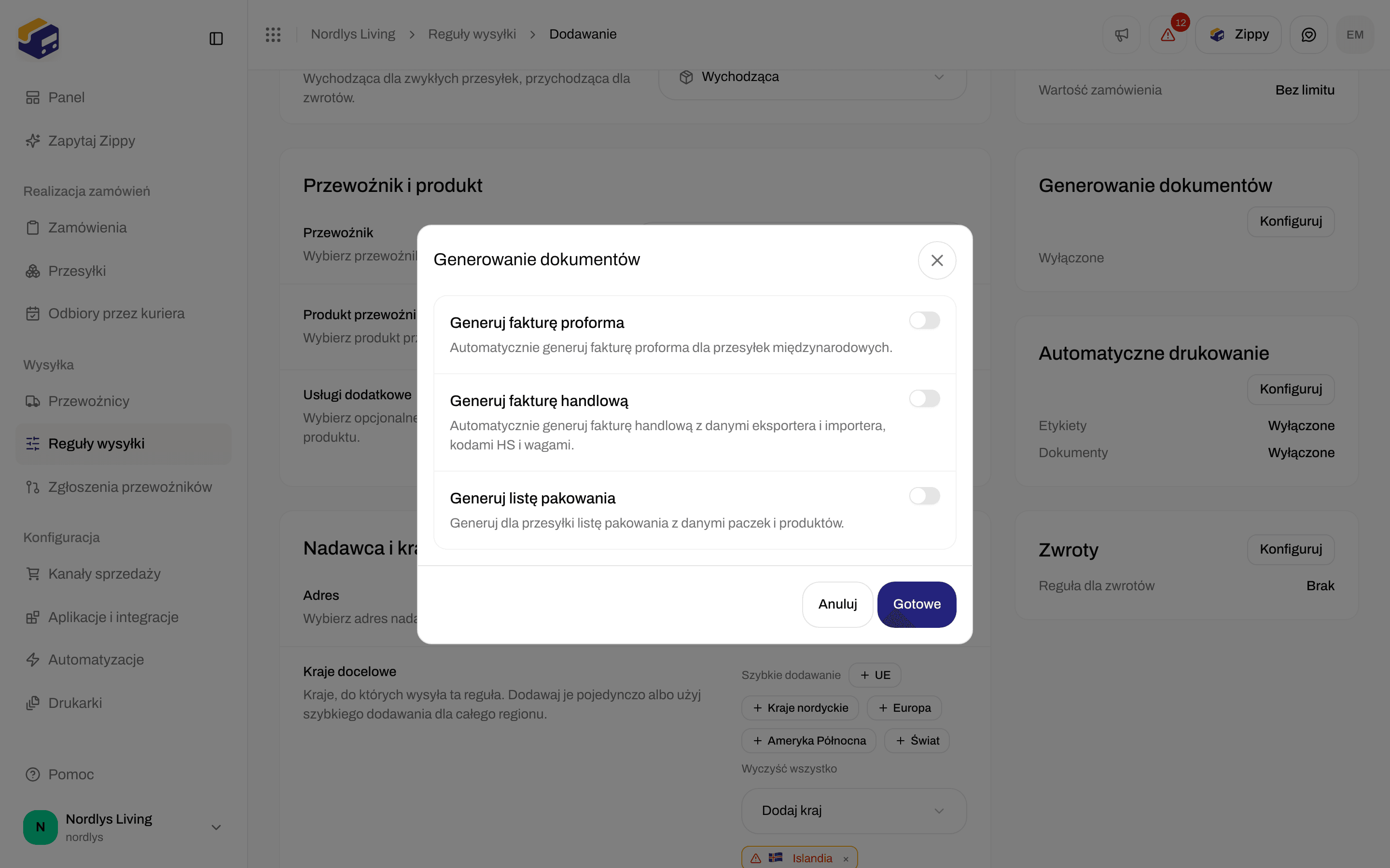 Formularz reguły wysyłki z przełącznikami Generowanie dokumentów dla faktur i listy pakowania