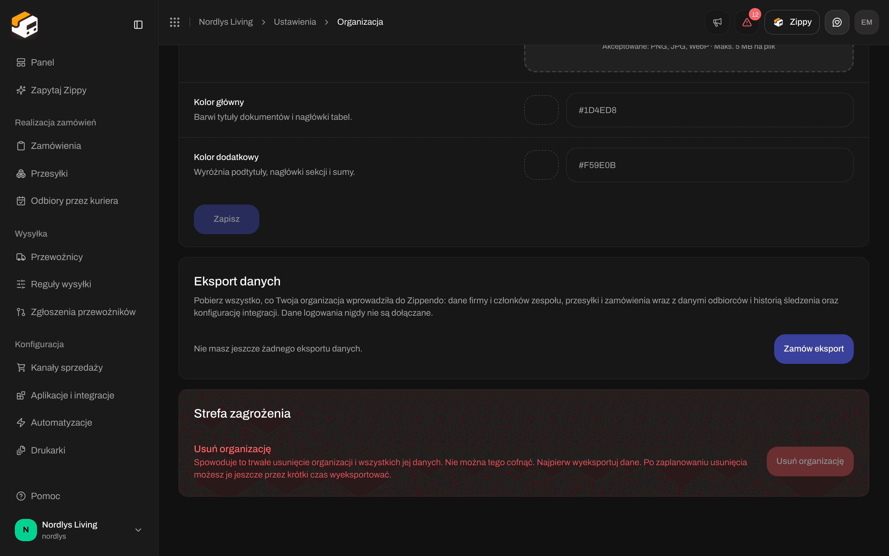 Strefa zagrożenia z nagłówkiem Usuń organizację i nieaktywnym przyciskiem Usuń organizację