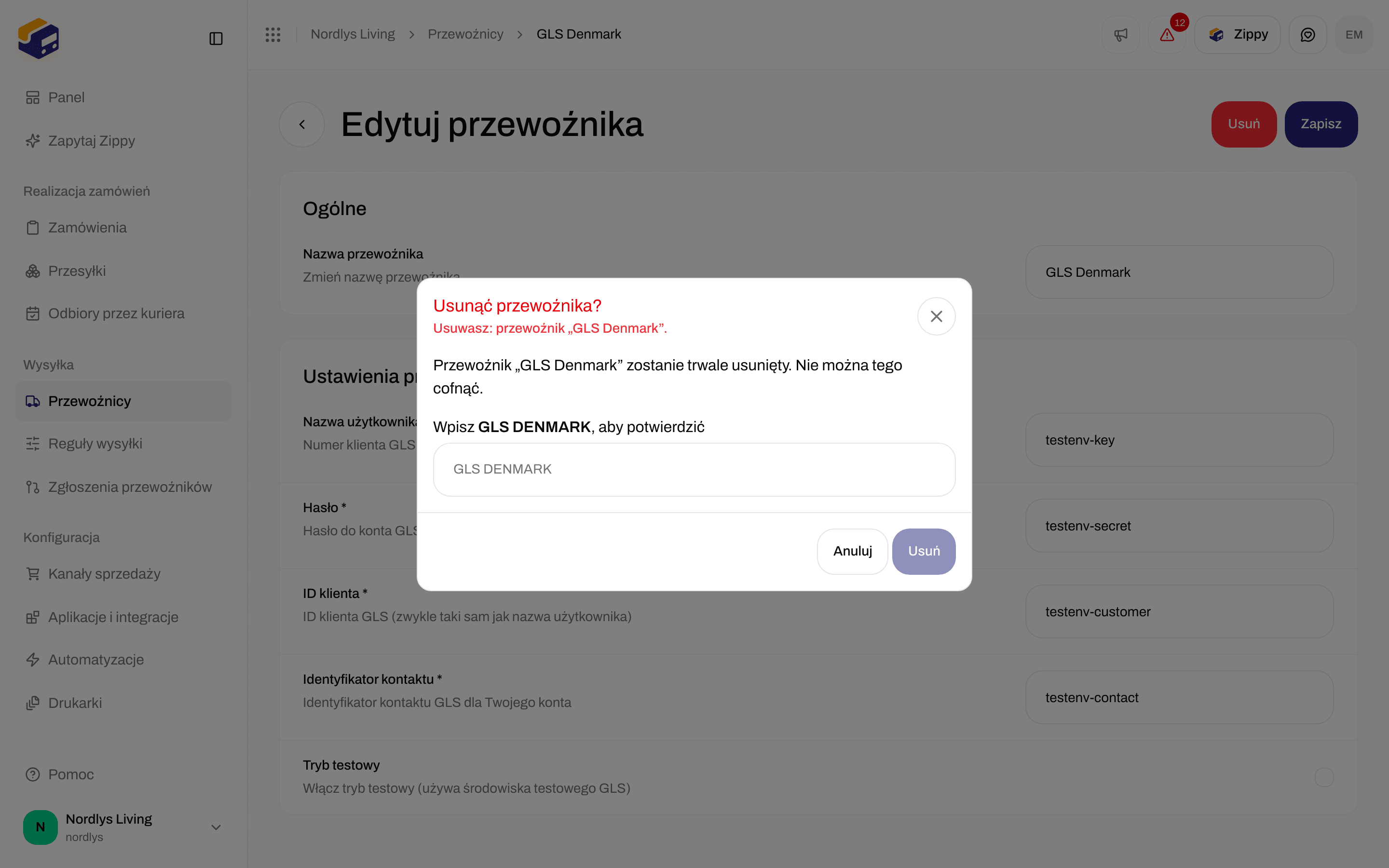 Okno Usunąć przewoźnika? z prośbą o wpisanie nazwy przewoźnika wielkimi literami