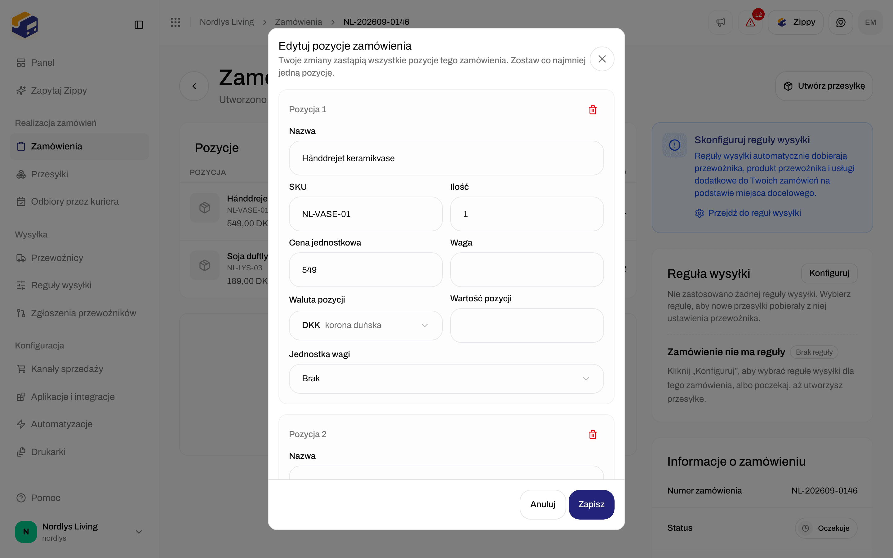 Okno Edytuj pozycje zamówienia z polami Nazwa, SKU, Ilość, Cena jednostkowa, Waga, Waluta pozycji, Wartość pozycji, Jednostka wagi oraz przyciskiem Dodaj pozycję