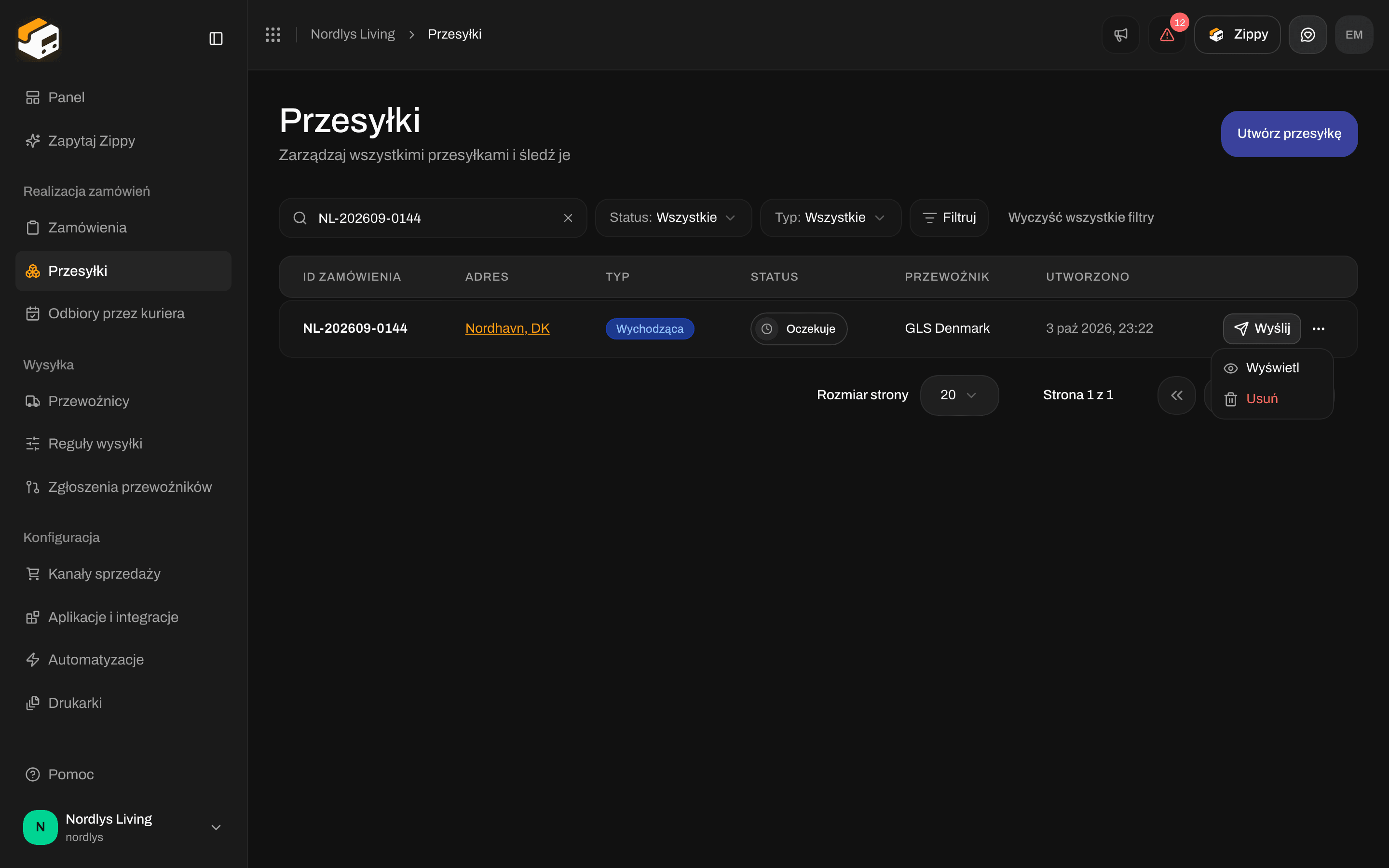 Menu wiersza listy Przesyłki z pozycjami Wyświetl i Usuń