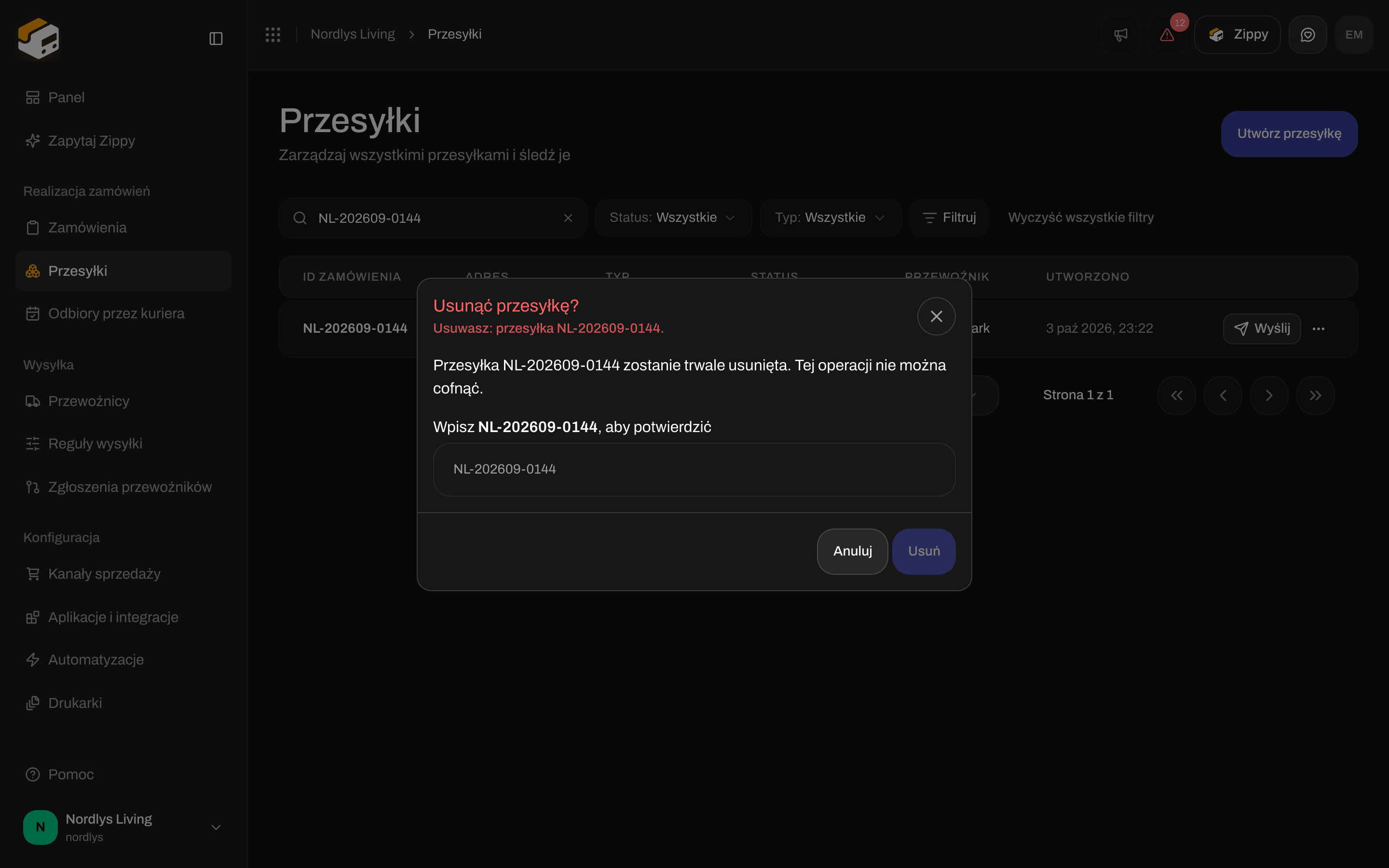 Potwierdzenie usunięcia przesyłki z prośbą o wpisanie numeru referencyjnego przesyłki