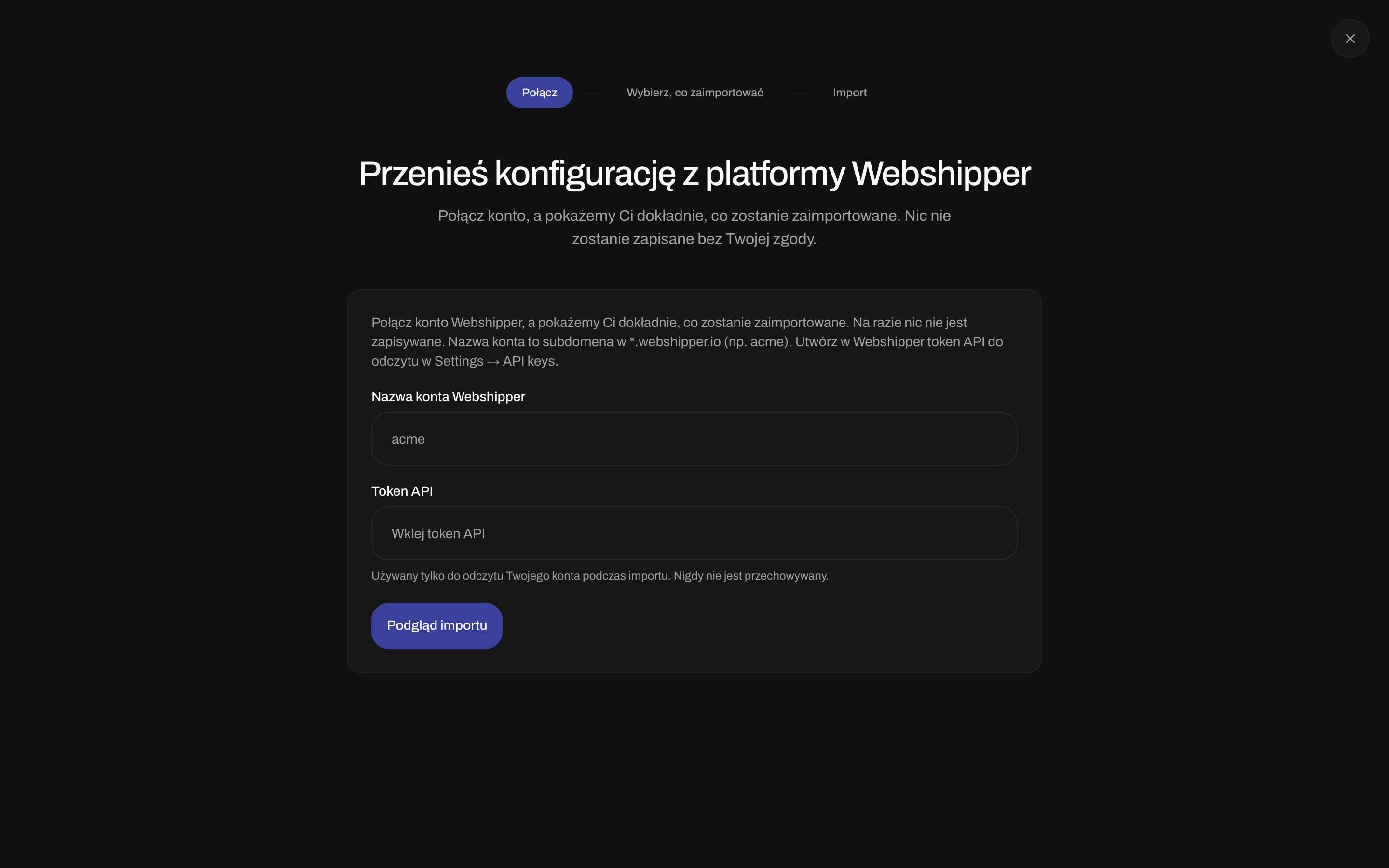 Formularz importu z nazwą konta Webshipper, tokenem API i przyciskiem Podgląd importu