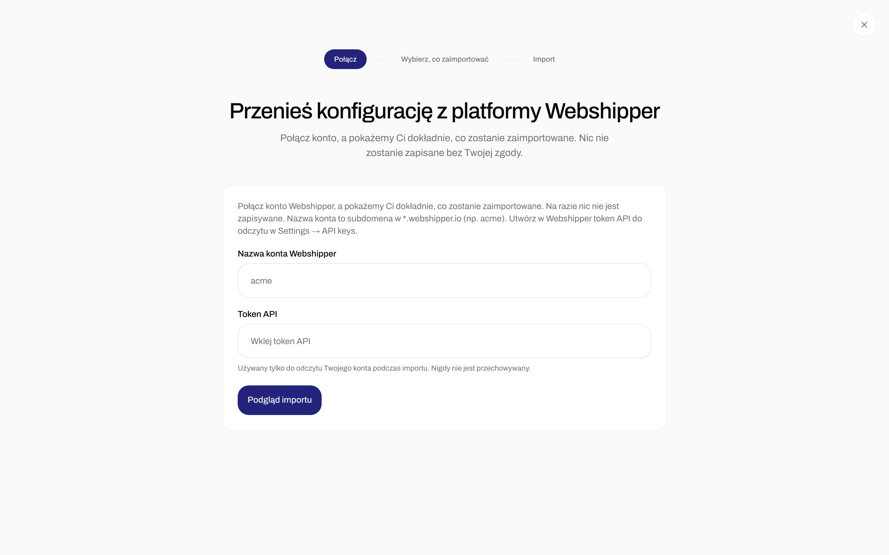 Formularz importu z nazwą konta Webshipper, tokenem API i przyciskiem Podgląd importu