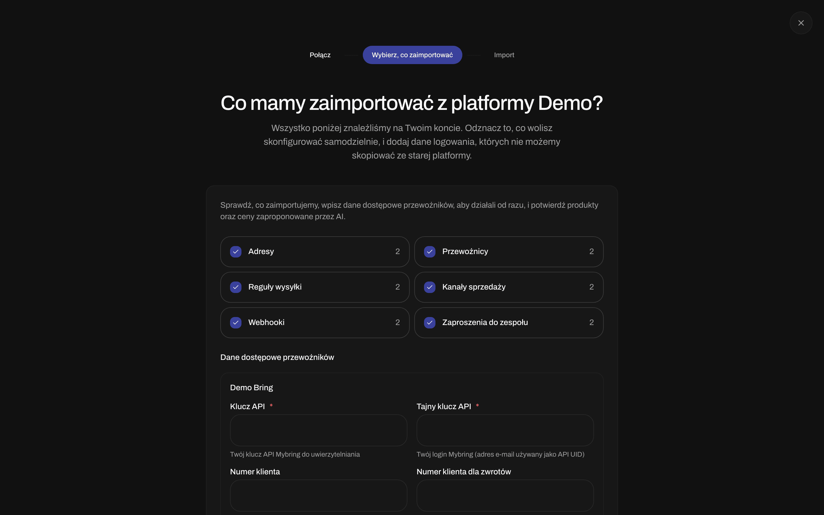 Przegląd importu z polami wyboru dla adresów, przewoźników, reguł wysyłki, kanałów sprzedaży, webhooków i zaproszeń do zespołu, a po nich pola danych dostępowych przewoźników