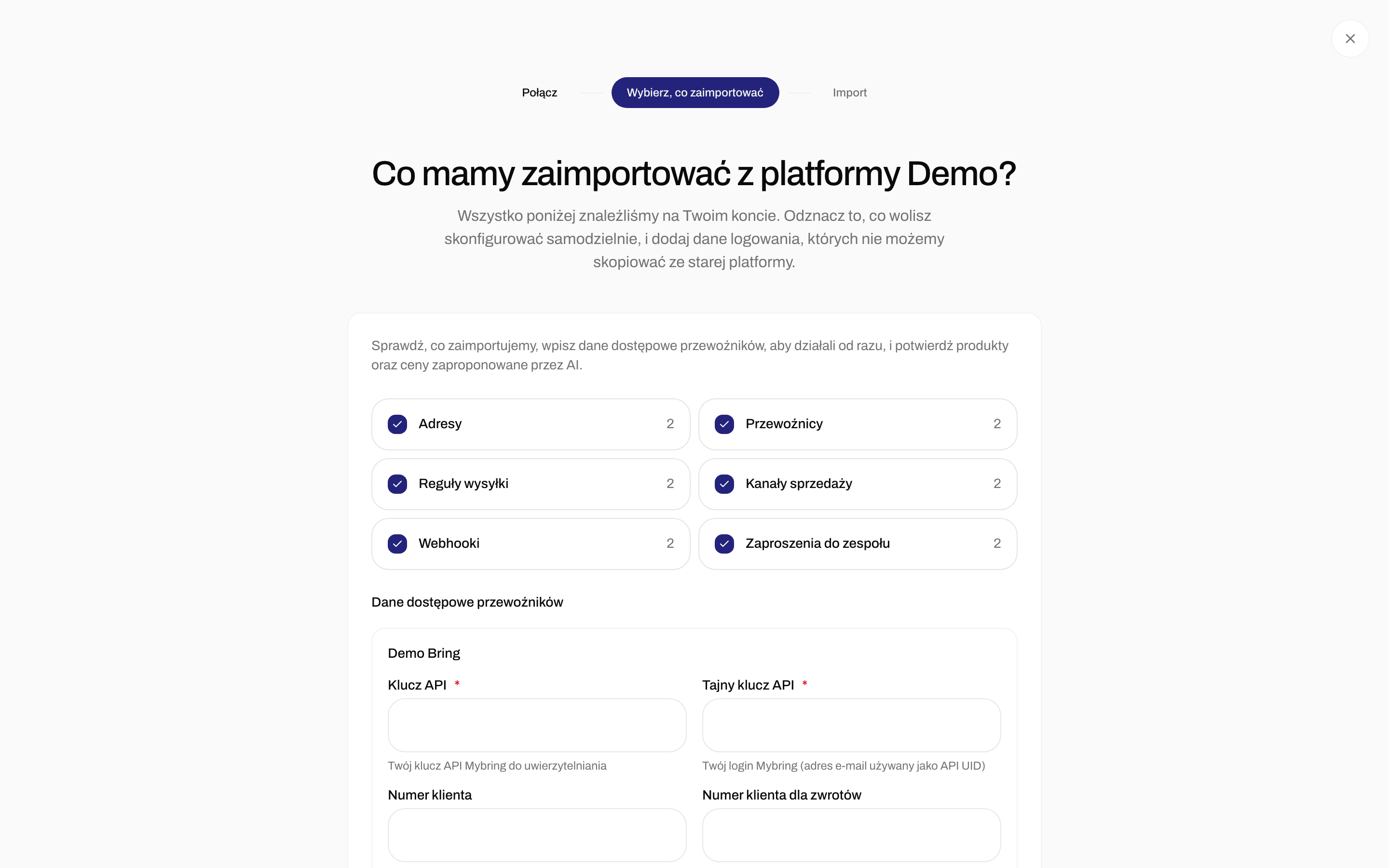 Przegląd importu z polami wyboru dla adresów, przewoźników, reguł wysyłki, kanałów sprzedaży, webhooków i zaproszeń do zespołu, a po nich pola danych dostępowych przewoźników