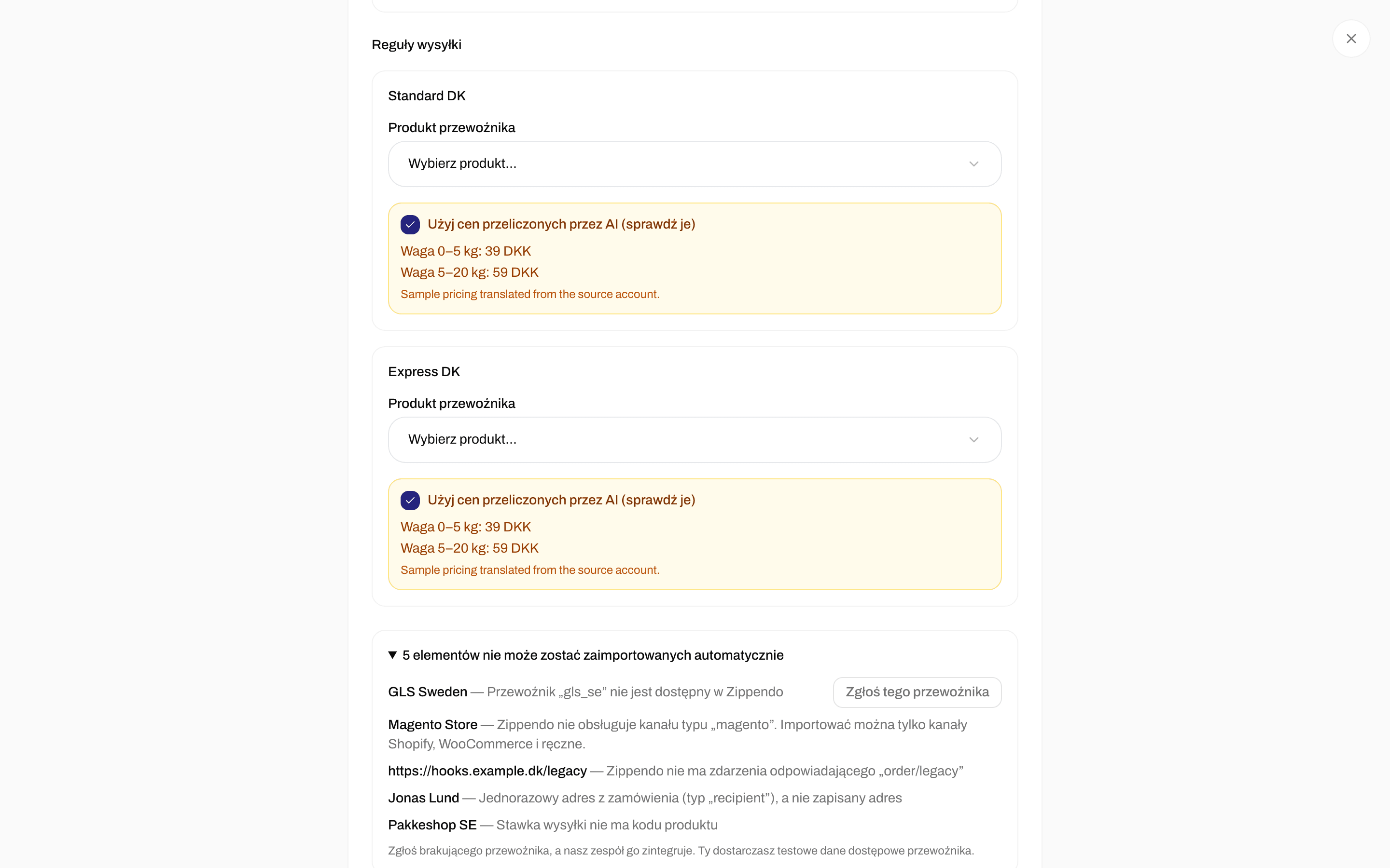 Lista elementów, których nie można zaimportować automatycznie, z przyciskiem Zgłoś tego przewoźnika