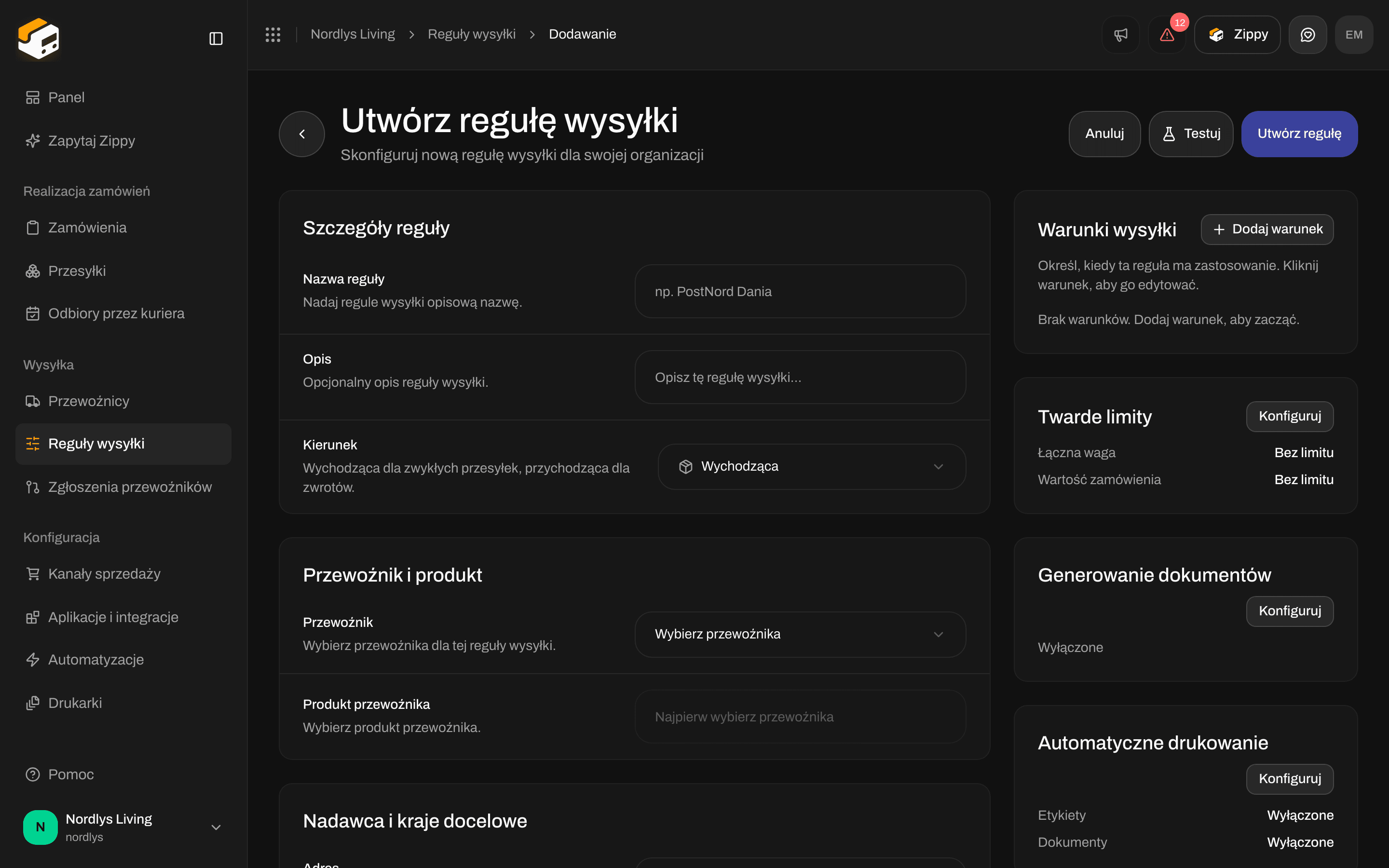 Tworzenie reguły wysyłki z polem Kierunek: wychodząca dla zwykłych przesyłek, przychodząca dla zwrotów