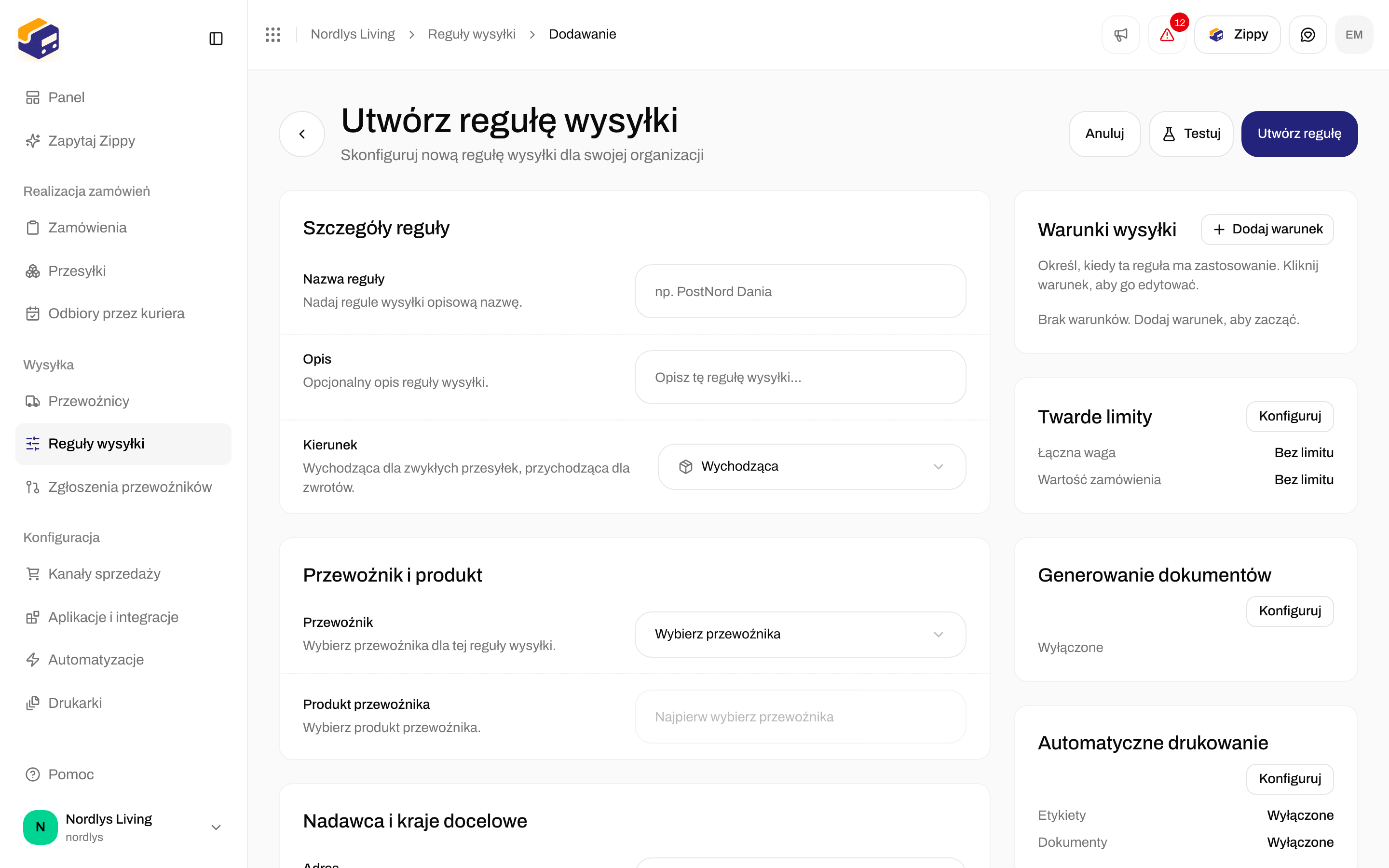 Tworzenie reguły wysyłki z polem Kierunek: wychodząca dla zwykłych przesyłek, przychodząca dla zwrotów