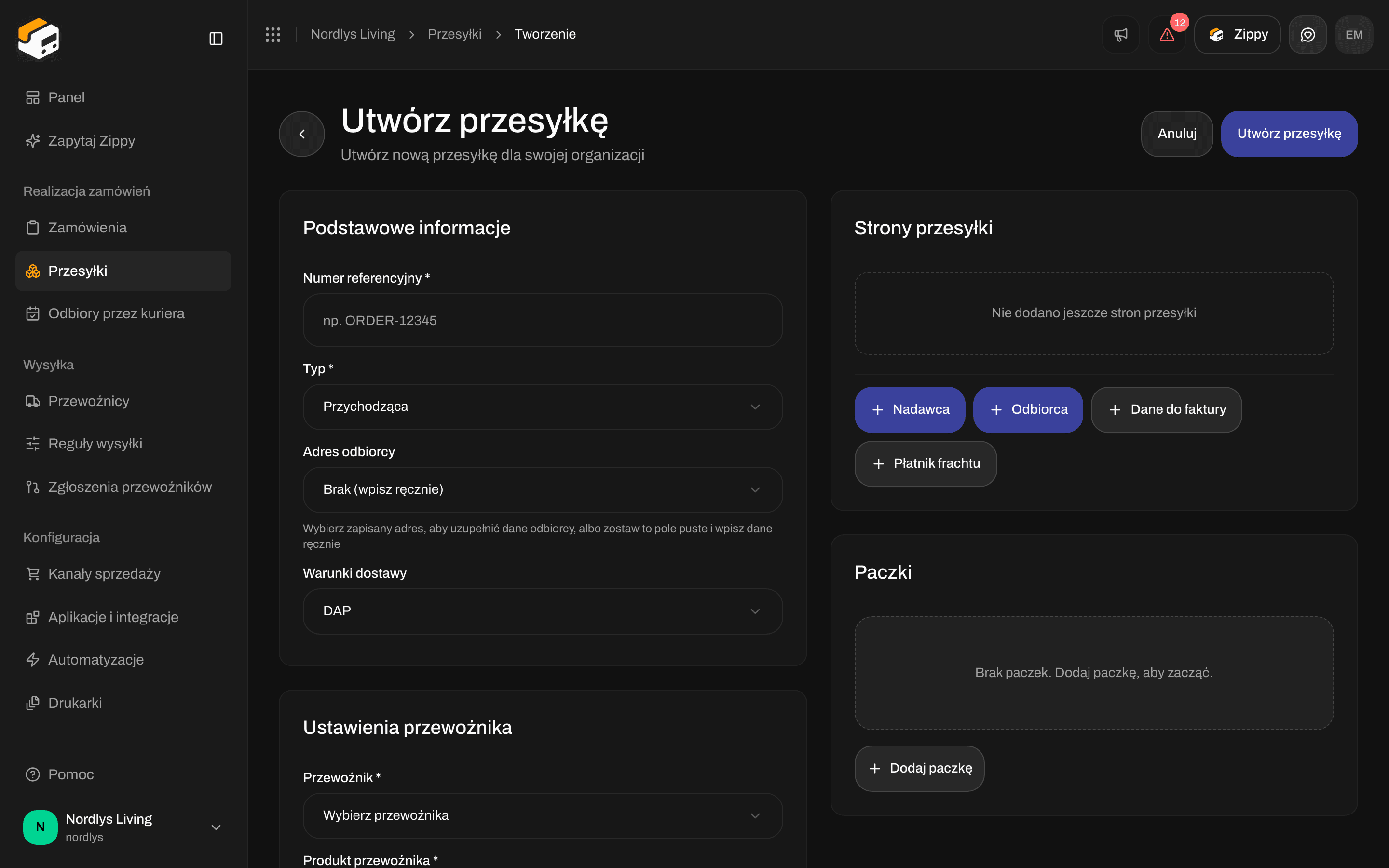 Formularz tworzenia przesyłki z typem Przychodząca i polem Adres odbiorcy