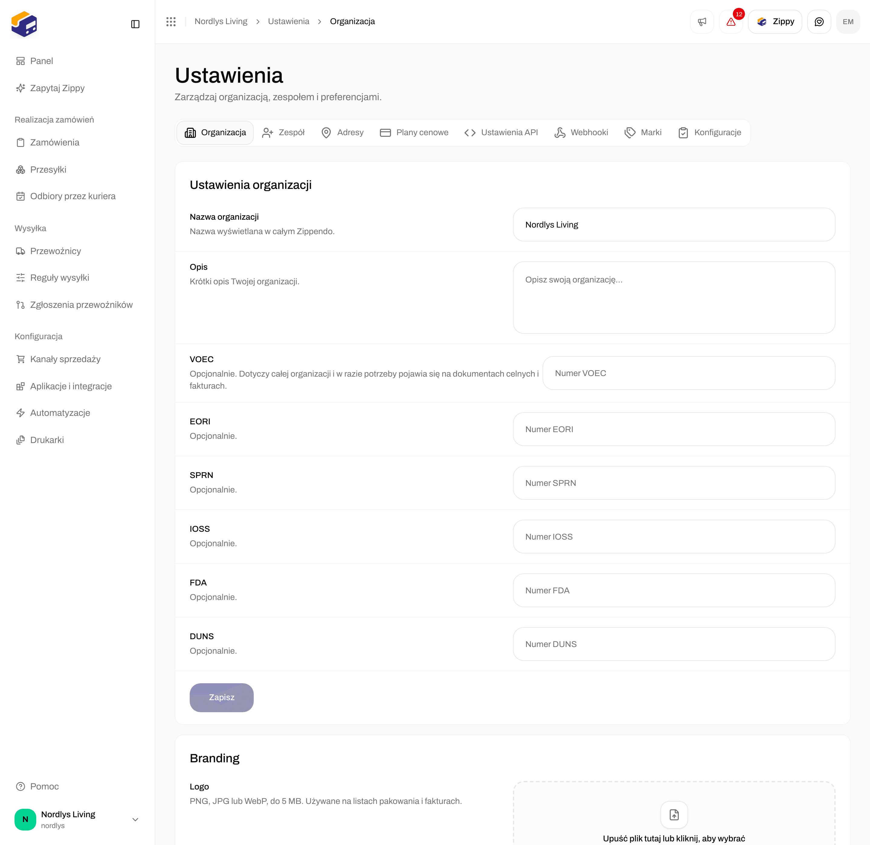 Ustawienia organizacji z polami Nazwa organizacji, Opis, VOEC, EORI, SPRN i IOSS