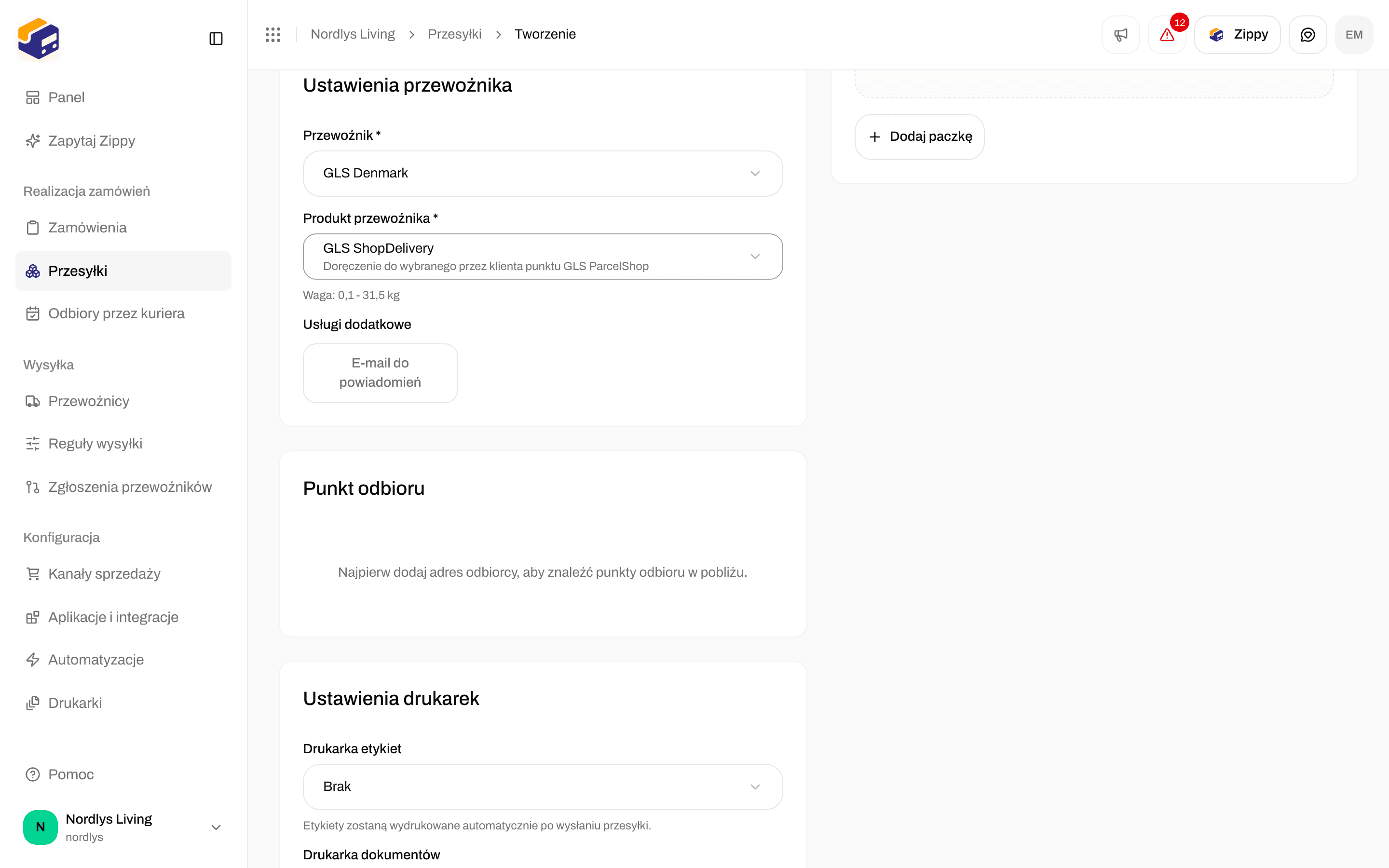 Okno Utwórz przesyłkę z wybranym GLS ShopDelivery i kartą Punkt odbioru, która prosi najpierw o adres odbiorcy