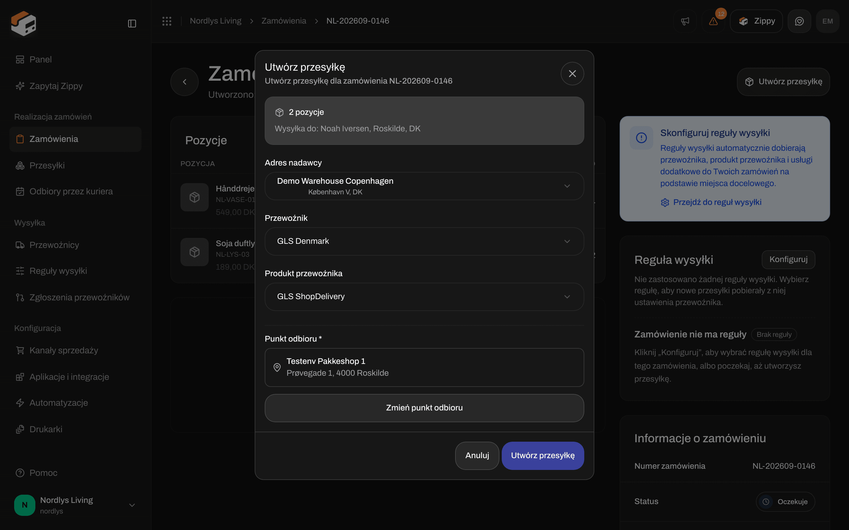 Okno Utwórz przesyłkę z GLS ShopDelivery i wymaganym punktem odbioru