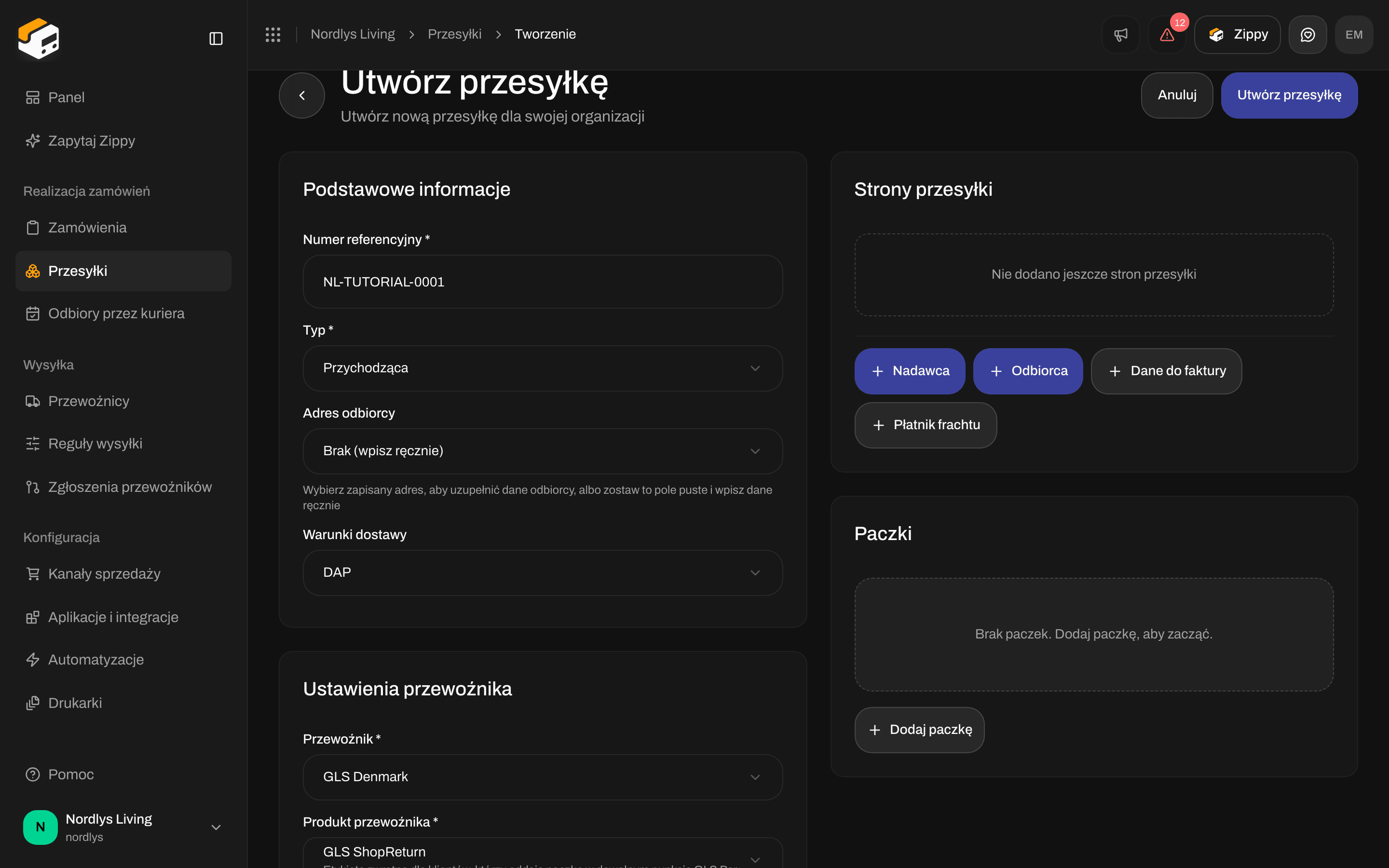 Okno Utwórz przesyłkę z typem Przychodząca i wybranym GLS ShopReturn, z ustawieniami przewoźnika i bez karty Punkt odbioru
