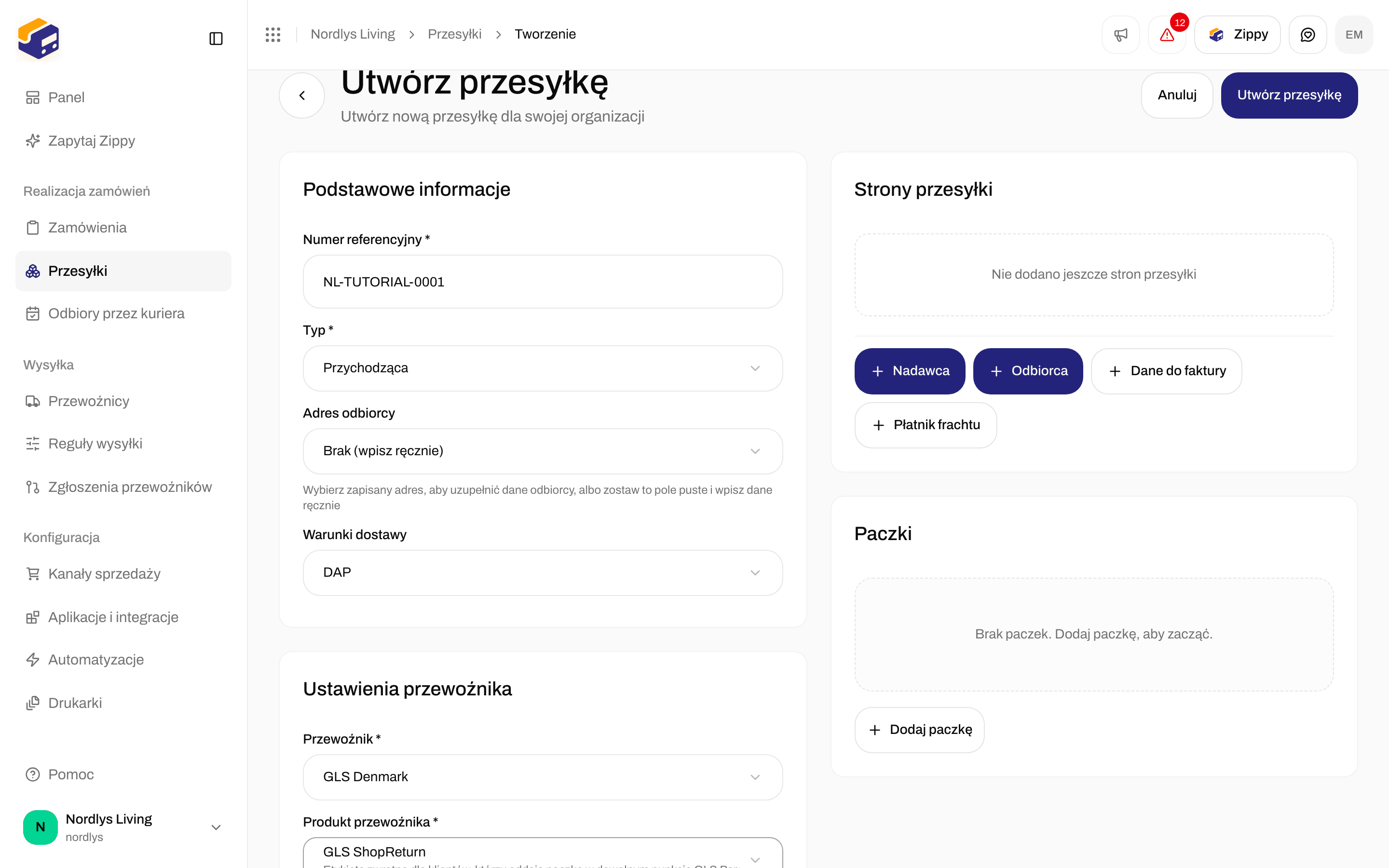 Okno Utwórz przesyłkę z typem Przychodząca i wybranym GLS ShopReturn, z ustawieniami przewoźnika i bez karty Punkt odbioru