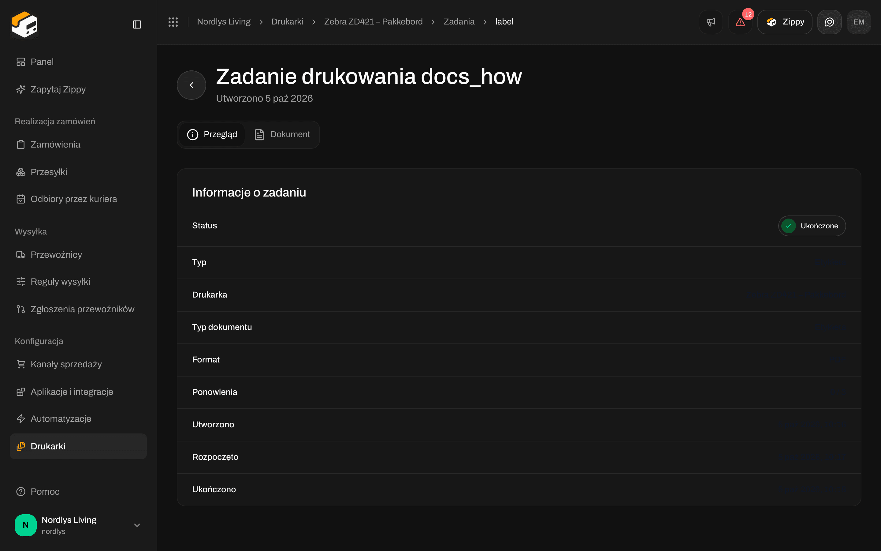 Strona zadania drukowania, Przegląd z sekcją Informacje o zadaniu: status, typ, drukarka i format